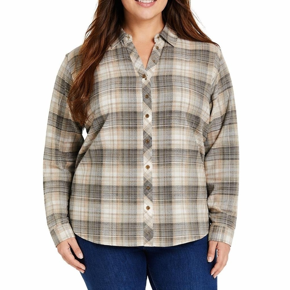 Weatherproof Women's XXL Plaid Blouse Green Cotton Blend H0625